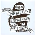 NAP-ALL-DAY-SLEEP-ALL-NIGHT-PARTY-NEVER-SLOTH-STICKER