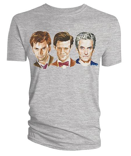 DOCTOR WHO WATERCOLOR THREE DOCTORS LINEUP GRAY T/S MED (C: