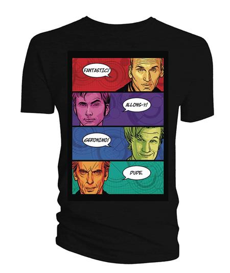 DOCTOR WHO 4 DOCTORS CATCHPHRASES COMIC BOOK PX BLK T/S MED